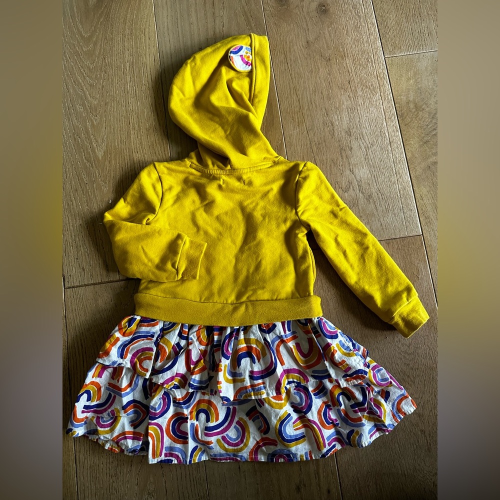 5/$20* Nordstrom yellow sweatshirt dress with hoodie, ruffle skirt, cute ears-2T